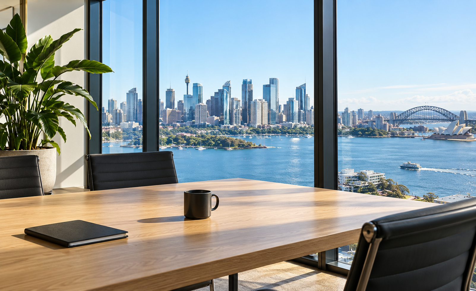 Illustrative meeting room with an oak table and views over Sydney Harbour